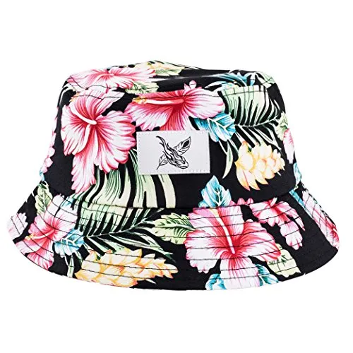 Blackskies Bucket Hat Unisex Sonnenhut Fischerhut Schwarz Weiß mit Blumenmuster, Grün, Einheitsgröße
