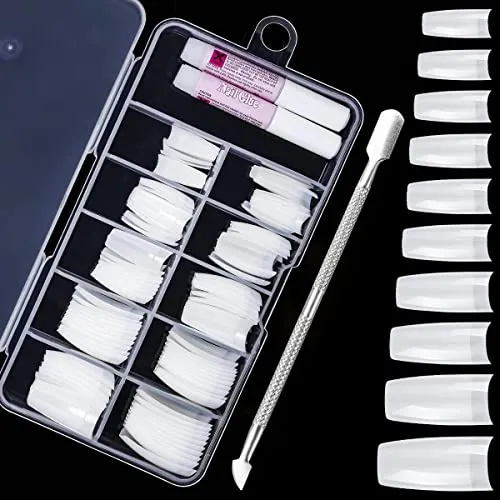 Stück Künstliche Nägel Tipps Lang, Fingernägel Natürliche Falsche Nägel mit Nagelhautschieber für Nagelverlängerung, 10 Größen 100