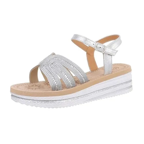 Ital Design Damenschuhe Sandalen & Sandaletten LOLO12 - Silber, Gr. 40 - Moderne Keilsandaletten mit glitzernden Riemen in Silberoptik. Verstellbarer Fersenriemen für sicheren Halt und profilierte Laufsohle sorgen für Komfort. Ideal für lässige und stilvolle Kombinationen im Alltag.