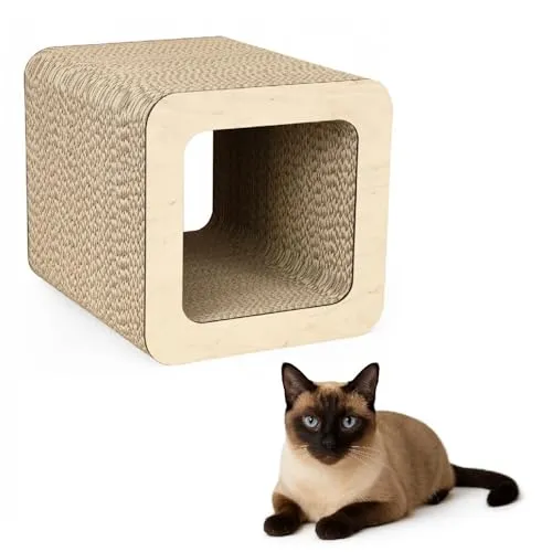 QLS Katzenmöbel aus Wellpappe – 37×30×30 cm – Kratzbrett, Katzenhöhle, Liegeplatz mit Katzenspielzeug & Katzenminze (Beige)