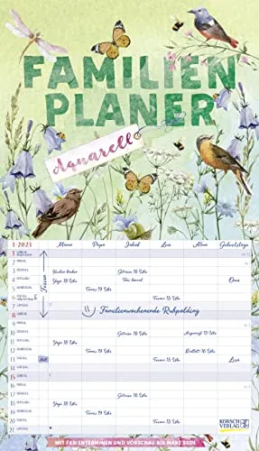 Familienplaner Aquarell 2023: Familienplaner, 6 große Spalten. Mit Ferienterminen, extra Spalte und Vorschau bis März 2024 und vielem mehr. Format: 27 x 47 cm