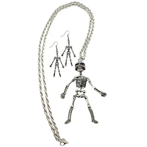 com-four® 3-teiliges Halloween Kostümset - Verkleidung für Mottopartys oder an Halloween - Accessoires für Gruselkostüme (Skelett - Kette+Ohrhänger)