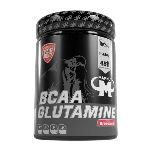 Mammut BCAA Glutamin Powder 450g - Grapefruit für Muskelaufbau - Protein Shakes & Muskelaufbau mit BCAA und Glutamin für effektive Fitness- und Bodybuilding-Ergebnisse. Ideal vor und während des Trainings, vegan und aus Deutschland.