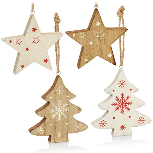 com-four® 4-teiliges Hängedekoration Set - Aufhänger aus Holz in Sternform und Tannenbaumform - Dekoration für Weihnachten [Auswahl variiert] (13cm)