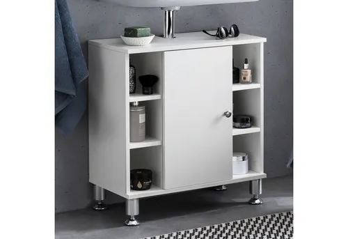 FineBuy Waschbeckenunterschrank Weiß – Moderner Stauraum für Ihr Bad - Waschbeckenunterschrank mit 1 Tür und 6 Fächern für optimalen Stauraum, eleganter Griff und höhenverstellbare Füße in Aluminium-Optik – ideal für jedes Badezimmer.