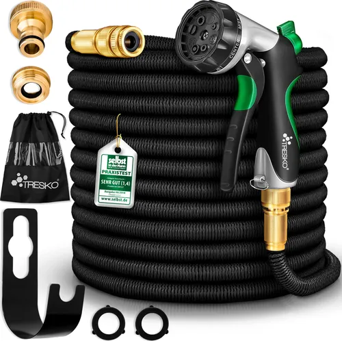 Tresko Gartenschlauch FGS-007, dehnbar und flexibel - Gartenschlauch 1/2 Zoll (13mm), dehnt sich von 2,5m auf 7,5m aus, ideal für jeden Garten. Inklusive Multifunktions-Sprühkopf mit 10 Einstellungen und robusten Messing-Adaptern.