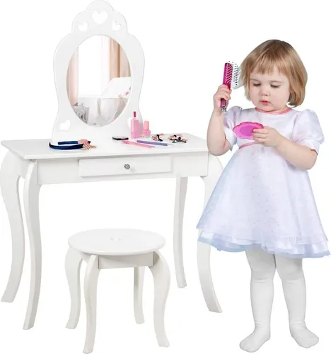 GOPLUS Schminktisch mit abnhembarem Spiegel und Hocker, Frisiertisch MDF und Kieferbeine, Antikipp-Schutz für Stabilität