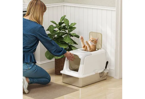 PawHut Katzenklo mit Deckel aus Edelstahl - Katzentoilette mit Vordereinstieg und Oberausgang, inklusive Deodorierungsbeutel und Schaufel für hygienische Sauberkeit. Ideal für Katzen bis 15 kg, kratzfest und leicht zu reinigen.