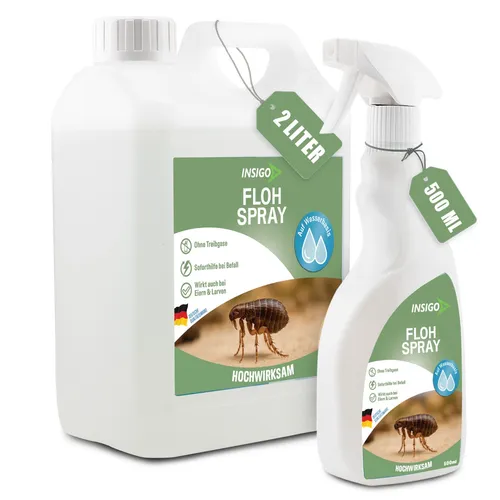 Biozidfreies Flohmittel für Hund 2,5 Liter – Effektive Flohabwehr von INSIGO - Milbenabwehr mit biozidfreier Formel – Unser Floh Abwehrspray schützt zuverlässig Ihre Textilien und Möbel vor Flöhen, ohne Flecken zu hinterlassen. Ideal für ein sicheres Zuhause für Hunde und Katzen.