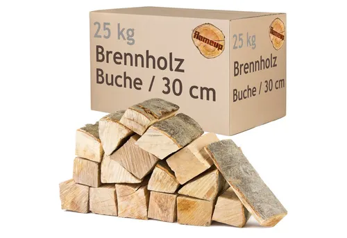 Flameup Kaminholz Buche 25 kg – Ofenfertiges Brennholz für Kamin und Grill - Hochwertiges Kaminholz aus 100% Buche, luftkammergetrocknet mit weniger als 18% Restfeuchte. Ideal für Kamin, Ofen oder Grill. Sofort einsatzbereit, in praktischen 30 cm Scheiten. Lieferung im Karton.