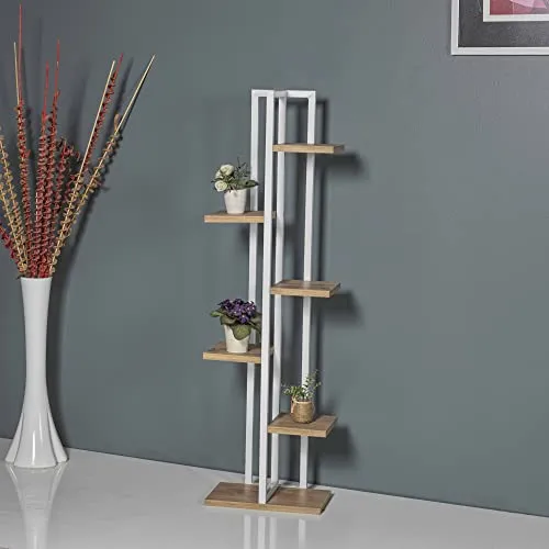 [en.casa] Blumenständer Tohmajärvi - 6 Ebenen Pflanzenregal - Blumentreppen für dekorative Pflanzenpräsentation, 5 Ablagen, einfacher Aufbau und leicht zu reinigen, in Weiß/Walnussoptik.