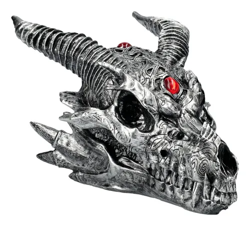 Fantasy-Figur Totenkopf Drache Silberfarben - Tribal Flame von Figuren Shop GmbH - Kunstvolles Dekoobjekt in Silber, 13 cm breit und 21,5 cm tief. Ideal für Fantasy-Liebhaber, bringt mystische Atmosphäre in jedes Zuhause.