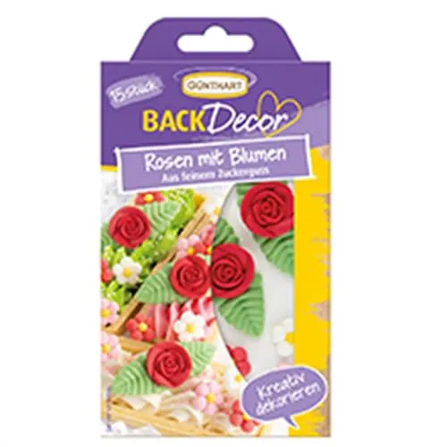 Günthart BackDecor | Rosen mit Blumen | aus feinem Zuckerguss | in den Farben Rosa, Rot und Pink | für Kuchen und CupCakes | zum Dekorieren