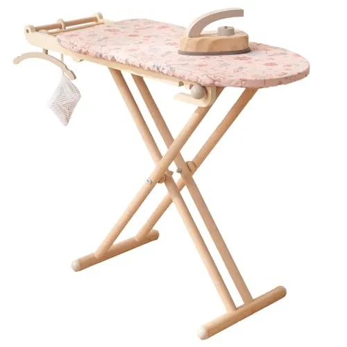howa Spielzeug Bügelbrett Holz 'miniflowers' - Haushaltsspielzeug: Klappbares und höhenverstellbares Bügelbrett aus Holz mit 8-teiligem Zubehör für realistischen Spielspaß und motorische Förderung.