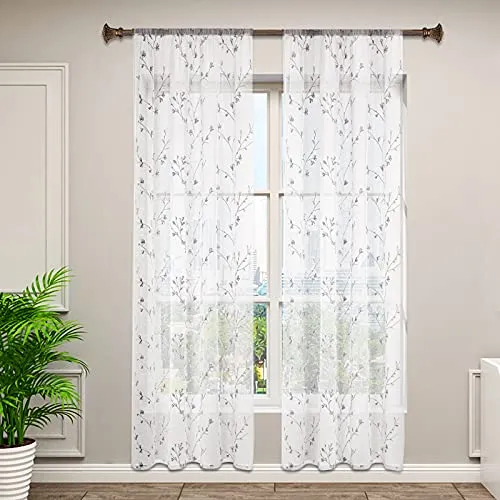 WOLTU 2er Set Gardinen transparent mit Blumen Stickerei, 140x175 cm, Grau - Schiebevorhänge aus 100% Polyester, leicht und umweltfreundlich, mit dekorativer Stickerei für eine elegante Atmosphäre und optimalen Sichtschutz.