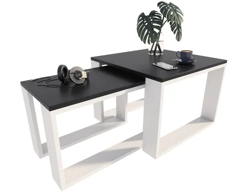 Couchtisch mit Loft, Beistelltisch Holztisch für Wohnzimmer, Sofatisch klein Holz, Wohnzimmertisch, Schwarz - Weiß zwei Tiscch