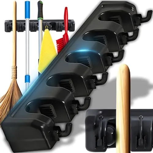 Retoo Besenhalter für Wand, 5 Greifer, 6 Haken, bis 15 kg, 44 cm, ABS