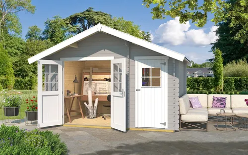 Gartenhaus weka 253 Gr. 2 mit Fußboden - Geräumiges Gartenhaus (420 x 310 cm) in hellgrau, aus hochwertigem Holz, ideal für Gartenlagerung und Freizeitgestaltung.