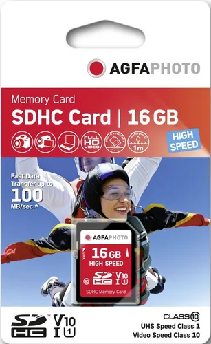 AgfaPhoto SDHC Karte 16GB High Speed Class 10 UHS I U1 V10 10426 - Speicherkarten für schnelle Datenübertragung, ideal für hochauflösende Fotos und Full HD Videos.