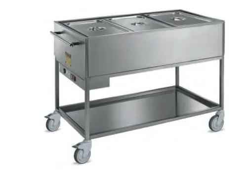 GastroHero Bain-Marie Wagen Profi 3X GN 1/1 - Professioneller Bain-Marie-Wagen aus rostfreiem Edelstahl AISI 304, ideal für die Speisenausgabe mit präziser Temperaturkontrolle von 30° bis 90°C.