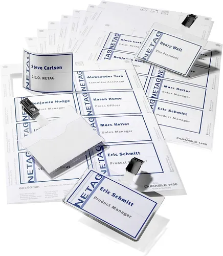 Durable Namensschilder-Set 60 x 90 mm mit Clip - Praktische Namensschilder aus robustem Kunststoff, ideal für Veranstaltungen und Meetings, mit Clip zur einfachen Befestigung.
