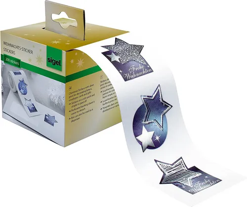 SIGEL CS115 Weihnachts-Sticker auf Rolle, 200 Aufkleber, Sterne mit Silberdruck,