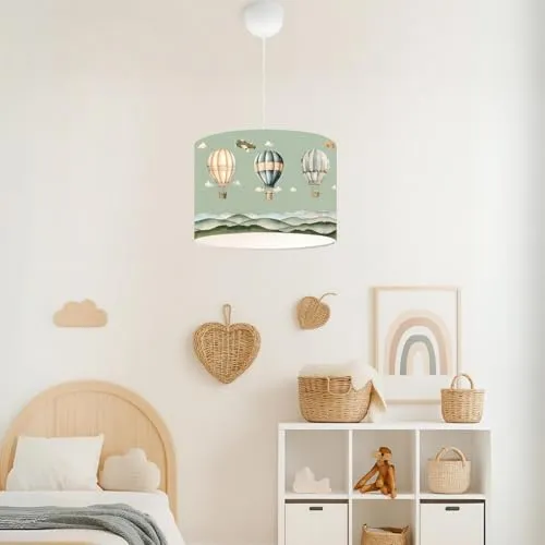 lux.pro Kinderzimmer Lampe Rugby Deckenleuchte E27 LED-geeignet Hängelampe mit Stoffschirm Heißluftballon-Motiv 70 cm hoch höhenverstellbar Grün