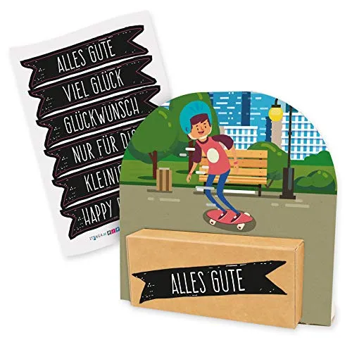 itenga Geldgeschenk oder Gutschein Verpackung Geschenkaufsteller Motiv/Anlass Skateboard Skater mit Stickerbogen aus Karton 12x11,5cm
