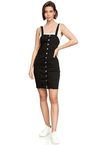 Damen Denim Jeans Latz Kleid Cocktail Mini Basic Rock Slim Fit, Farben:Schwarz, Größe:36