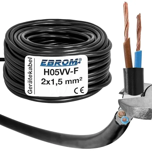 EBROM Kunststoff Schlauchleitung RUND, Kabel, Stromkabel, Leitung, Gerätekabel H05VV-F 2x1,5 mm² Farbe: schwarz - Viele Längen in 5 Meter Schritten bis 200 Meter 2x1,5 mm2, Ihre Kabellänge: 20 Meter