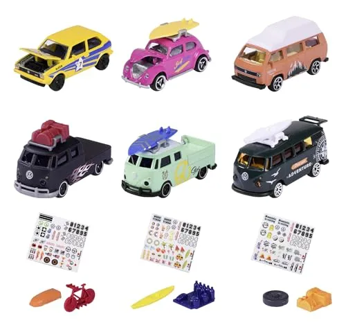 Majorette – Volkswagen The Originals 2er-Set – 2 von 6 zufälligen VW-Modellautos, Maßstab 1:64, mit Stickerbogen und offizieller VW Lizenz, hochdetaillierte Spielzeugautos