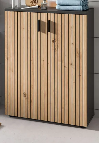 Inn.Furn Kommode Livia - Eiche Artisan, Grau, 60x81 cm - Moderne Badezimmer Kommode 'Livia' in Artisan Eiche Dekor und Basalt Grau. Mit 2 Fächern und höhenverstellbaren Einlegeböden bietet sie praktischen Stauraum auf kleinem Raum. Pflegeleicht und aus FSC®-zertifiziertem Holzwerkstoff.