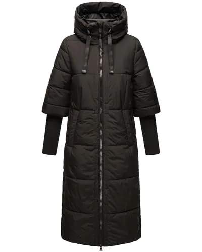 Navahoo Damen langer Wintermantel warmer Steppmantel mit Kapuze und Rippstrickärmeln Ciao Miau XIV Black Gr. S