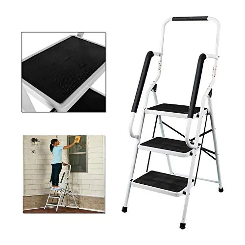 Stufen Klappleiter mit Handlauf Trittleiter Klappbar Tragbare kompakte Leiter Rutschfeste Matte Einfache Aufbewahrung Stehleiter für Home Kitchen Office DIY 150 kg max Belastung 3