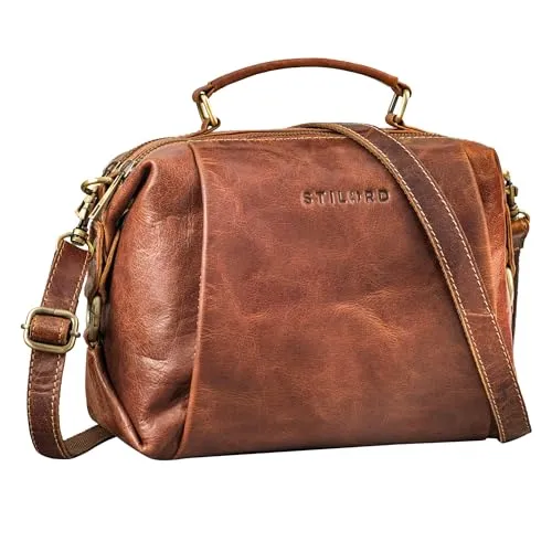 STILORD 'Vera' Vintage Leder Umhängetasche Damen Handtasche klein Echtleder Tasche Retro Damenhandtaschen Antik Schultertasche Echtleder, Farbe:cannes - braun