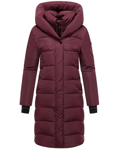 Navahoo Damen Langer Wintermantel warmer Steppmantel mit abnehmbarem Kragen-Einsatz Laubzauber 14 Wine Gr. 3XL