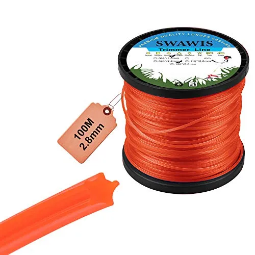 SWAWIS Trimmerfaden 2,8mm/100m Rasen Mähfaden Ersatzfaden für Rasentrimmer, 5-Kant Ersatz Nylonfaden Motorsense Trimmerschnur, Orangerot