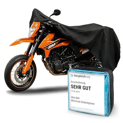 WALSER Premium Motorrad Abdeckplane L - Robuste Motorradabdeckplane aus hochwertigem PVC (250x100x130 cm) bietet ganzjährigen Schutz vor Witterungseinflüssen und Verunreinigungen. Ideal für BMW, Honda, KTM, und mehr. Vergleich.org Note Sehr Gut*.