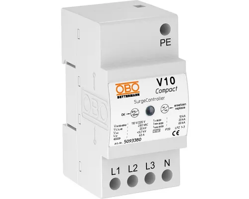 OBO Bettermann® V10 Compact 255V - Überspannungsschutz - Elektrische Leitungen - Effektiver Überspannungsableiter mit 60 kA Ableitvermögen, ideal für Unterverteilungen und Geräteschutz in TN- und TT-Netzen.