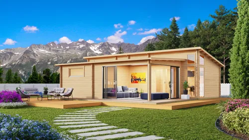 Fjordholz Ferien- und Freizeithaus Modell Nizza - Massives Ferien- und Freizeithaus aus nordischer Fichte mit extra starken Wänden, ideal für Garten und Freizeit. Hochwertige Alu-Schiebetüren und isolierte Fenster sorgen für besten Komfort.