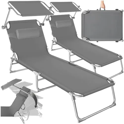tectake 2er Set Sonnenliege - Klappbar & Leicht - Liegen: Praktisches 2er Set Sonnenliegen mit verstellbaren Rückenlehnen und Sonnendach, ideal für Garten und Camping, leicht transportierbar und platzsparend.
