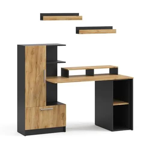 Schreibtisch Vicco Tomy Anthrazit/Goldkraft Eiche 150 x 59 cm - 5-teiliges Set - Modernes Schreibtisch-Set mit integriertem Stauraum für eine ordentliche Arbeitsumgebung. Ideal für Homeoffice und kreative Arbeitsbereiche. Inklusive PC-Schrank, Monitorständer und Wandregalen.