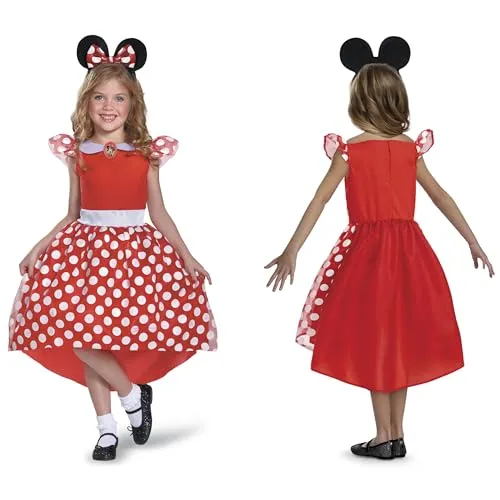 Disney Offizielles Minnie Mouse Kostüm Kinder Rot, Mini Mouse Mädchen mit Minnie Mouse Ohren, Maus Kostüm Kinder Kleid Faschingskostüm für Kinder Karneval Geburstag Costume Größ S