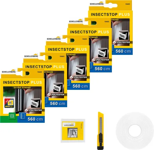 SCHELLENBERG Klett-Klebeband für Fliegengitter, 5,6 m Set - Praktisches Befestigungsband-Set für Fliegengitter, ideal für Mieter. Mit hoher Klebekraft für verschiedene Fensterrahmen und einfache Montage ohne Bohren. Enthält Cuttermesser und Reinigungstuch.