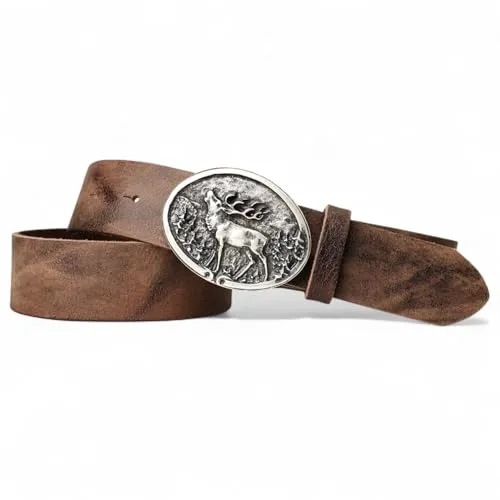 FRONHOFER Trachtengürtel Herren Echtleder 4 cm mit Hirsch Gürtelschnalle Silber 9 x 7,5 cm 135 g Druckknopf wechselbar Landhausmode Lederhose Jeans