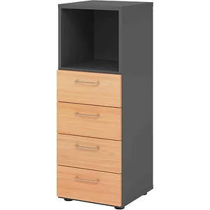 Hammerbacher Regal 3OH mit 4 Schüben - Büroschrank in Graphit und Buche, bietet Platz mit 4 höhenverstellbaren Sockelgleitern und ansprechendem Design für Ihr Büro.