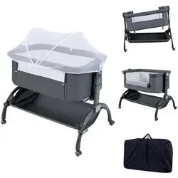 COSTWAY 3 in 1 Beistellbett, Reisebett Baby 7 Fach höhenverstellbar mit Matratze, Tragetasche, Aufbewahrungskorb für Baby bis 9 Monate, Grau - Grau