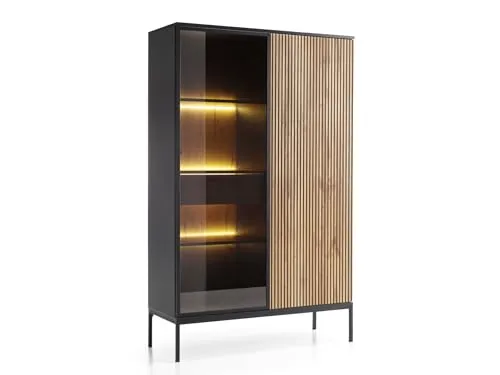 Emporius Haller Vitrinenschrank 100 cm, Glasvitrine Stehend - Highboard, Vitrine, Glasvitrine Schwarz mit LED und Lamellen - 166 cm hoch
