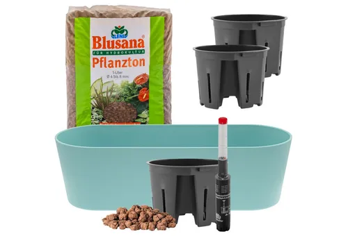 LENI Jardiniere Blumentopf länglich Pflanzkasten 36 cm lang Kräuter & Zimmerpflanzen (Komplettes Starter Set Selbstbewässerungstopf, mit 3 x Kulturtopf, 1 x Wasserstandsanzeiger, 5l Pflanzton), Übertopf ohne Loch für Hydrokultur & Erde, perfekt als Kräuter-Topf