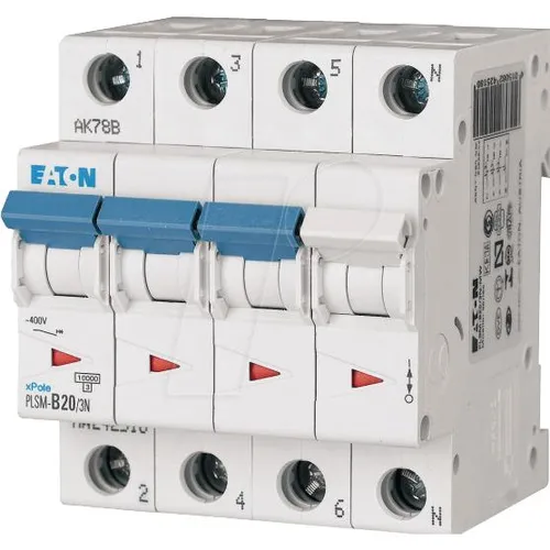 Eaton Plsm-c20/3n-mw Miniatur-Schutzschalter - Überstromschalter, 20A, 3-polig + N, Typ C Charakteristik für zuverlässigen Schutz in Schaltkästen und Schränken.